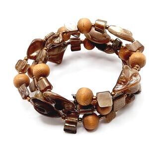 Vintage Shell Wooden Seed Bead Memory Wire Bracelet, Shades of Brown